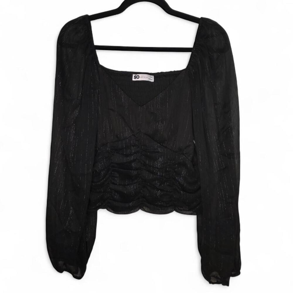 Black Sheer Shimmer Blouse Y2K Whimsygoth Puff Sleeve Ruched Top